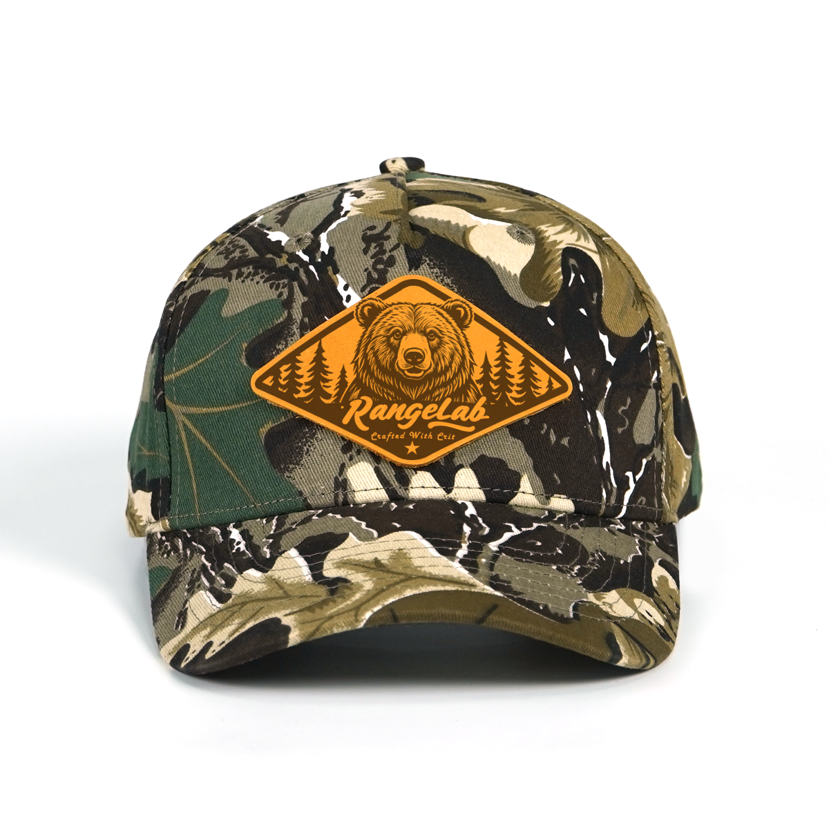 Rangelab Camo Snapback Hat - Genuine Leather Animal Patch (Bear/Croc/Tiger/Eagle/Scorpion) | Adjustable Outdoor Streetwear Cap, 22.5"-25" Fit