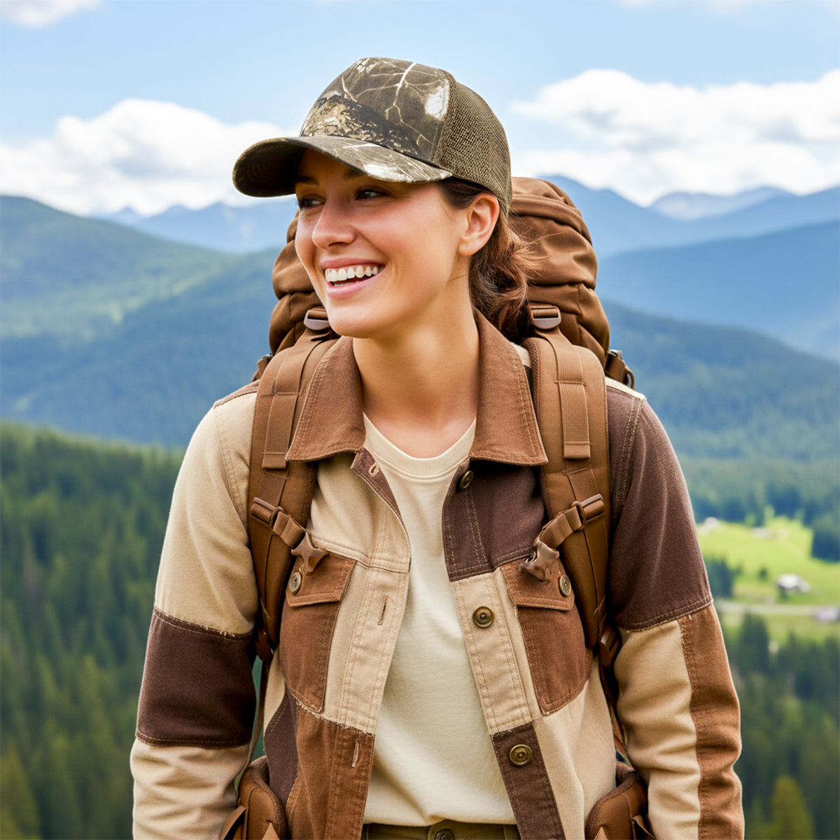 RANGELAB Brown Woodland Camo Trucker Hat – Adjustable Mesh Back Outdoor Cap for Men & Women